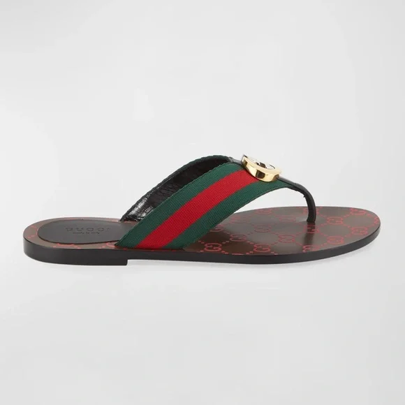 GUCCI INTERLOCKING GG KIKA THONG SANDALS RED GREEN WEB SZ 37 NEW - Picture 2 of 11